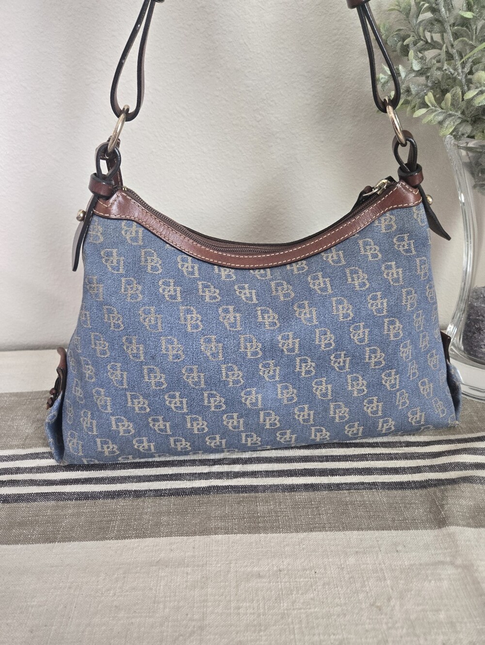 Dooney & Bourke Blue Denim Logo Hobo with Brown Trim, Medium East/West Slouch - Picture 8 of 17